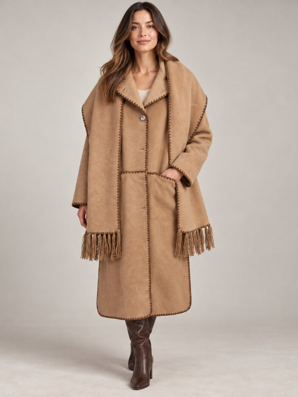 Toteme Camel Fringe-Trim Cape Coat